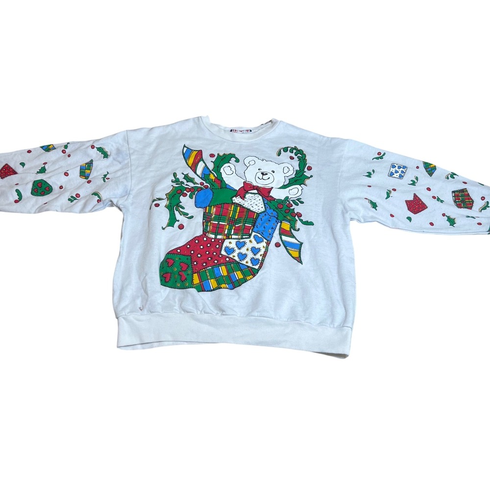 Vintage Christmas Teddy Bear Stocking White Crewneck Sweatshirt Large XL